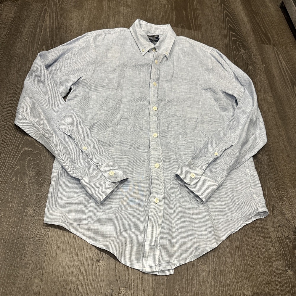 Abercrombie & Fitch Shirt Mens M Blue Striped 100% Linen Long Sleeve Button Down